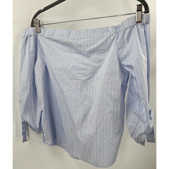 HALOGEN Womens Size XS Blue White Striped Tie 3/4 Sleeve Off Shoulder Top - Picture 3 of 6